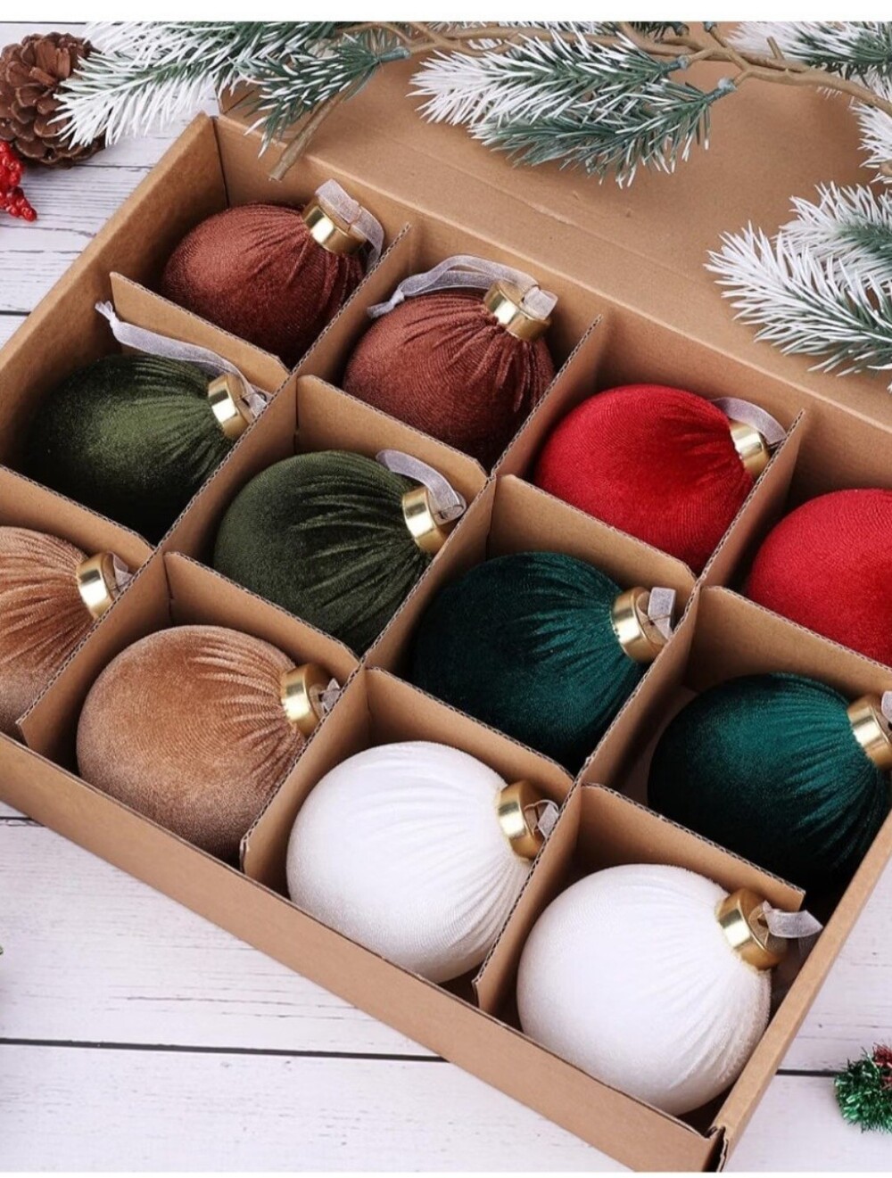 Velvet Christmas Ornament Set: Red, Green, Gold, White, Brown. 24 Piece Set. NWT